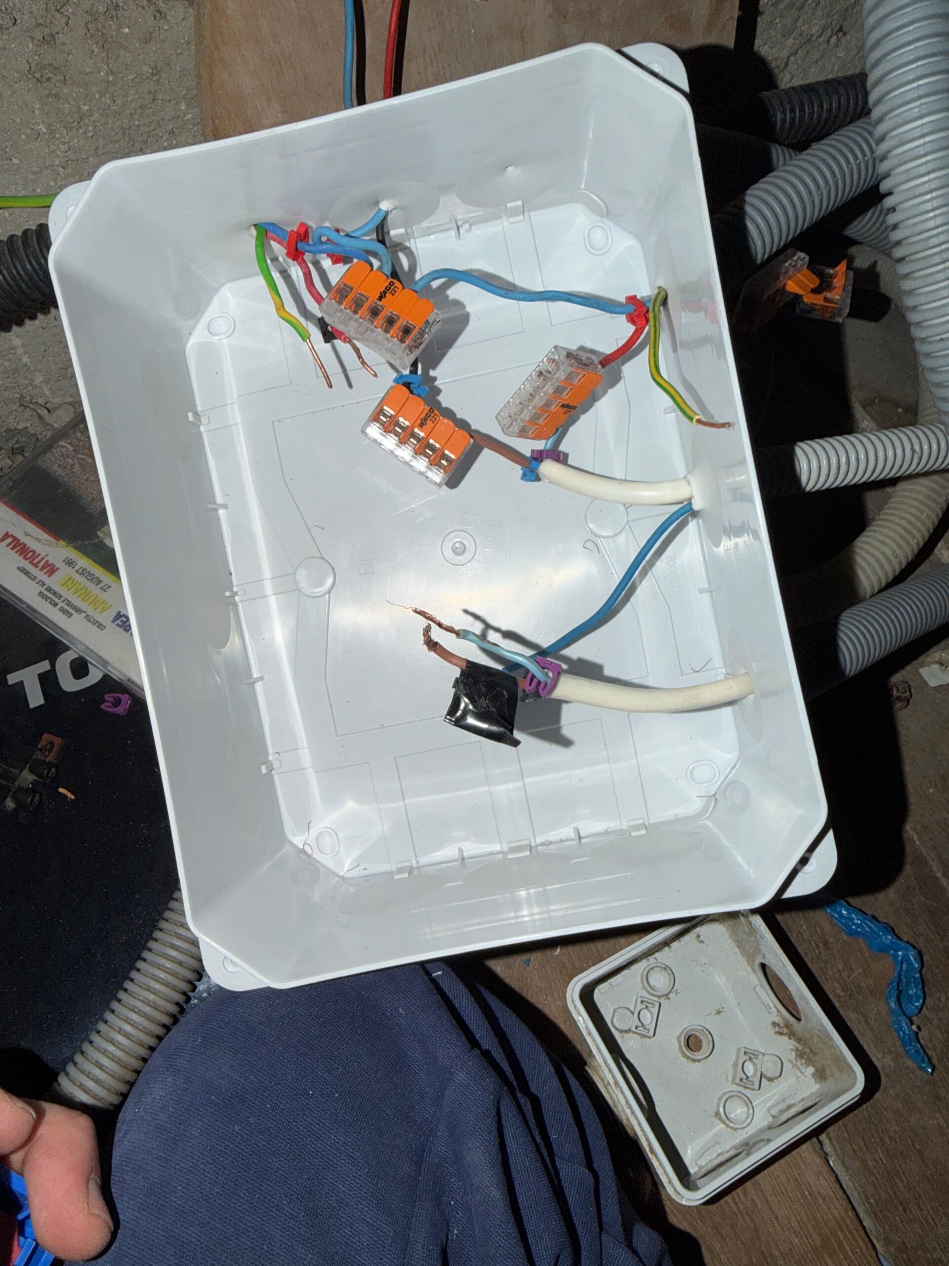 Fils électriques raccordés avec des connecteurs Wago dans un boîtier de dérivation, prêt à être refermé.